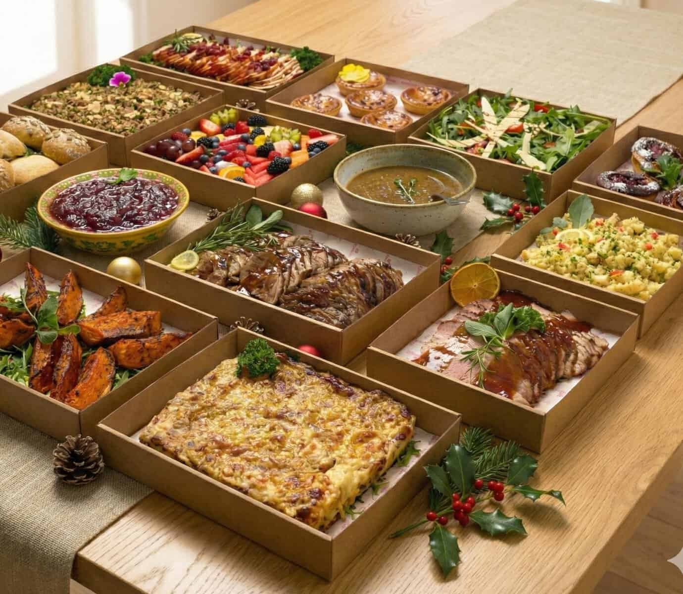 Gourmet holiday feast with assorted dishes and desserts in elegant presentation.