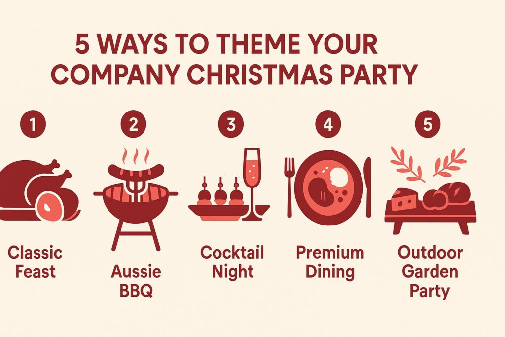 Infographic showing 5 unique themes for a Melbourne company Christmas party: classic feast, Aussie BBQ, cocktail night, premium dining, and outdoor garden party